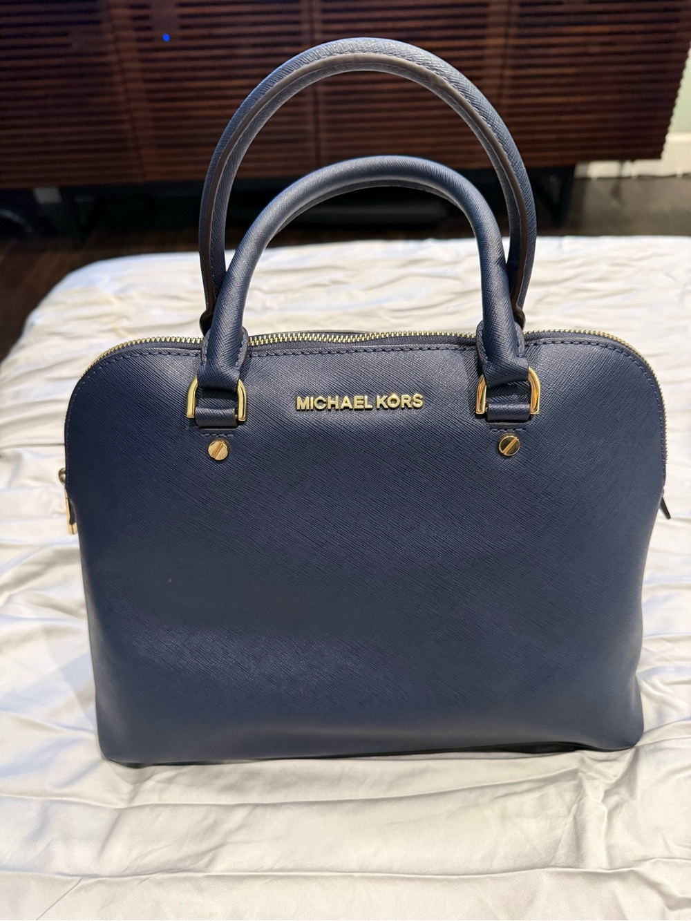 Michael Kors Saffiano Leather Satchel in Navy with Gold Hardware